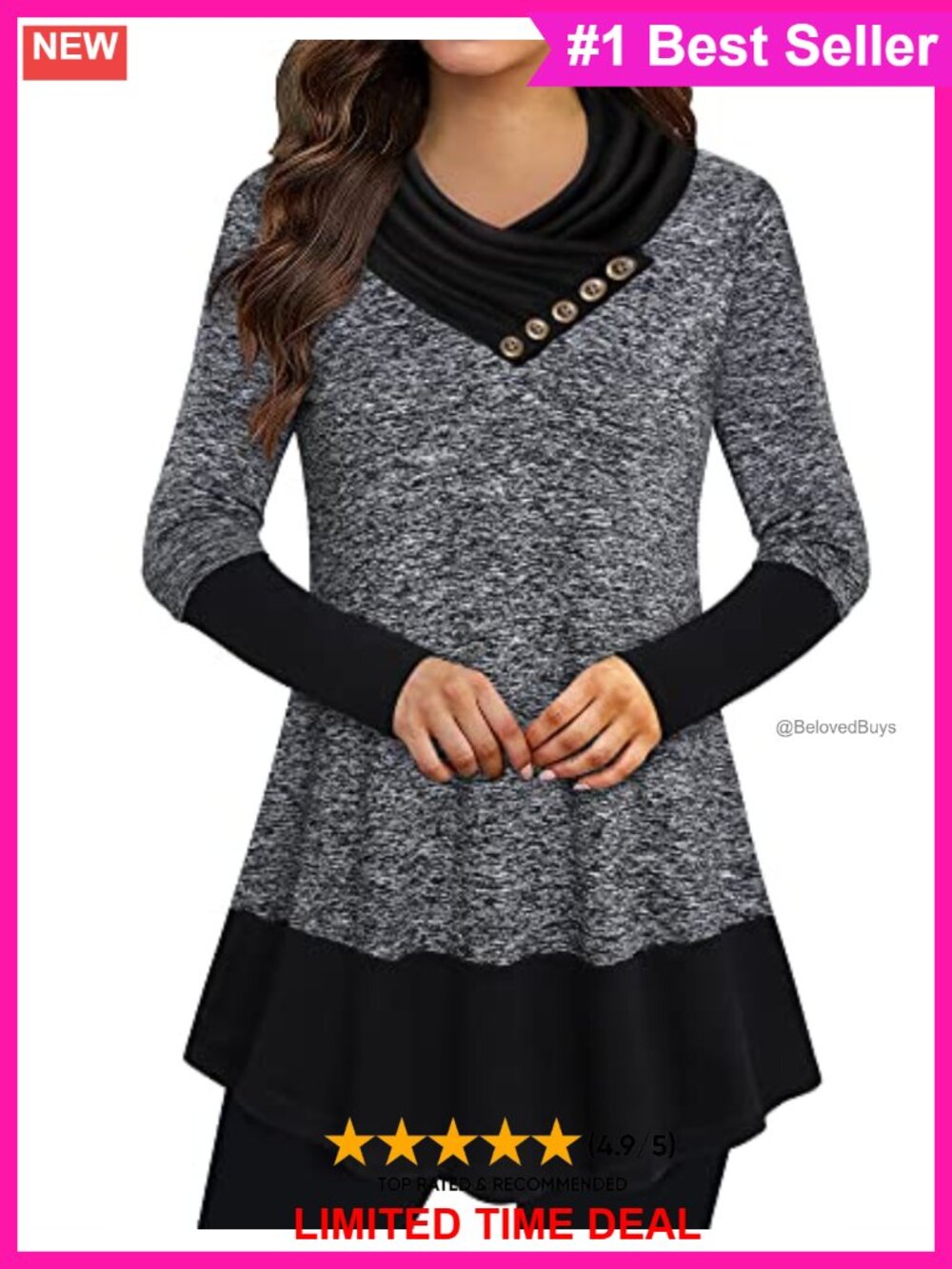 Cowl Neck Tunic Top Long Sleeve A-Line Flowy Blouse